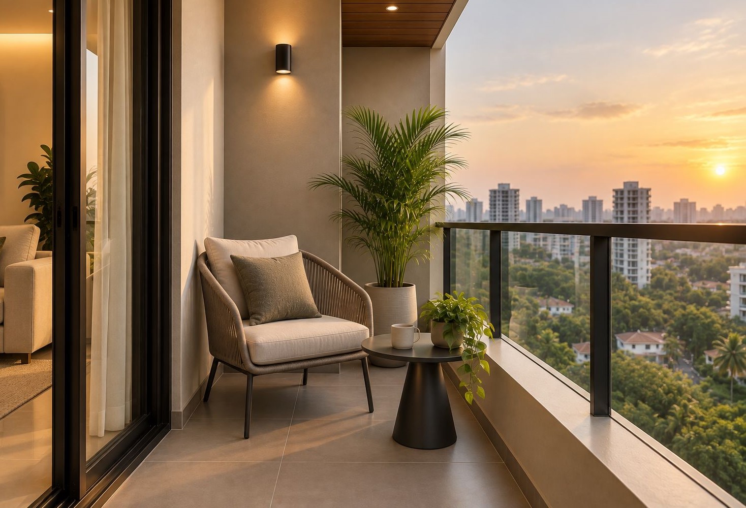 Modern balcony interior design for a residential flat in Thane